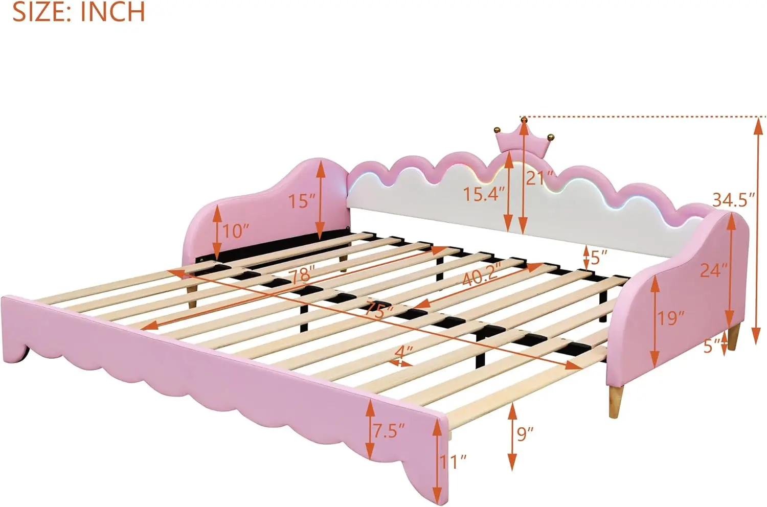 Merax Twin Size gestoffeerd prinsessenbedframe met kroonhoofdeinde en lichtstrips, ruimtebesparend uitschuifbaar dagbed uittrekbaar