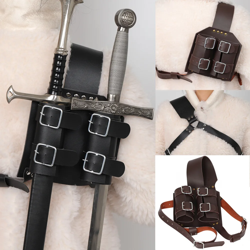 Back Shoulder PU Belt Double Sword Holder Kit Scabbard Frog Medieval Costume Ninja Knight Sheath Katana Accessory Rapier Prop