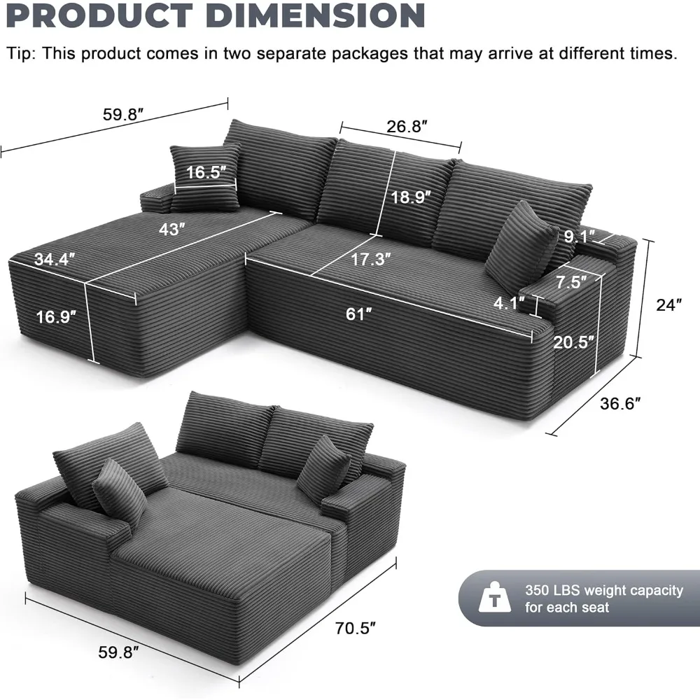 Cloud Sectional Couch, Boneless Sofa for Living Room, Modular Sectional Sofa with Deep Seat, Fluffy Comfy Couch image 2