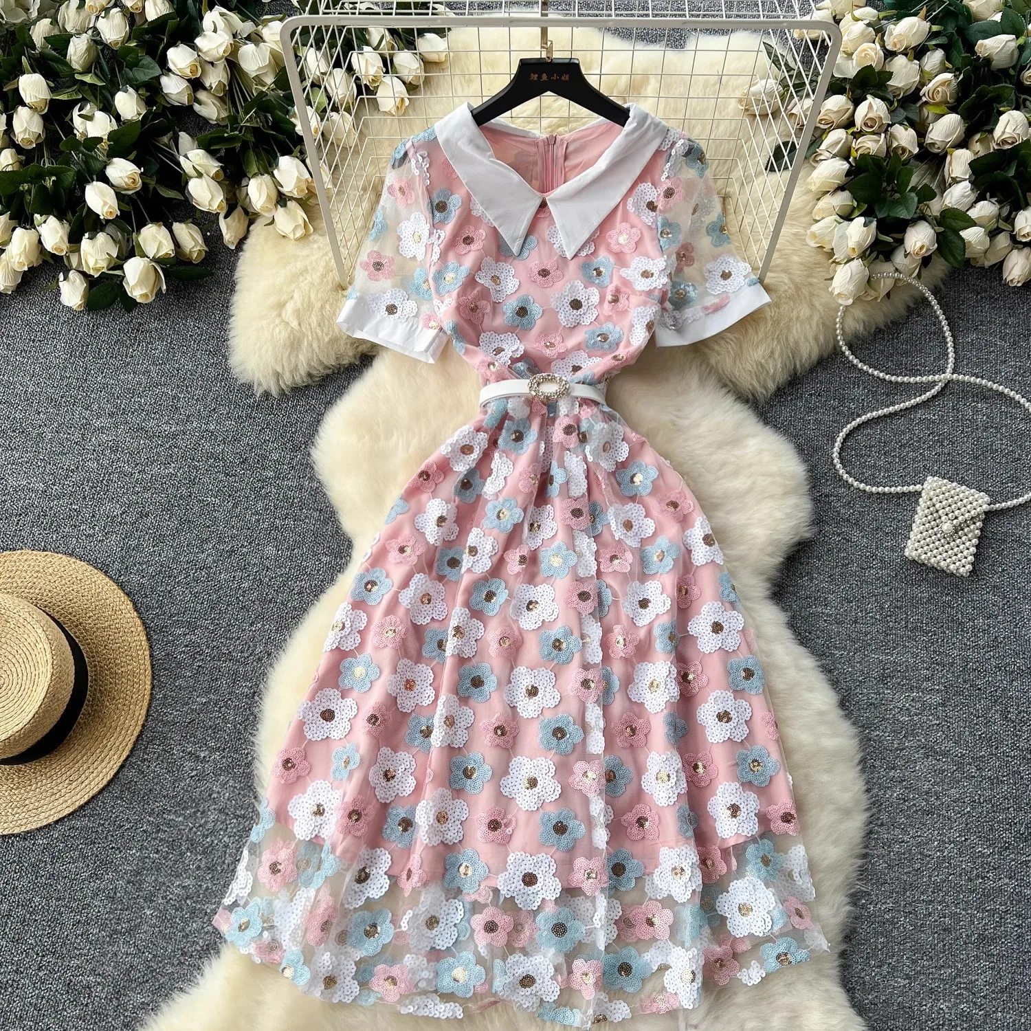 

Luxious Sequined 3D Flower Embroidery Dress For Princess Mesh Short Sleeve Lace Up Evening Party Prom Sweet Birthday Clothing