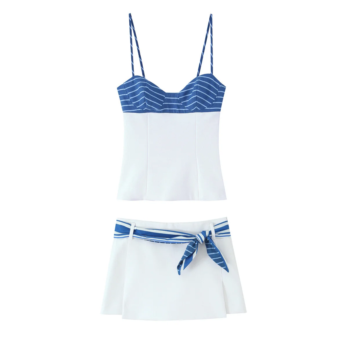 

Summer new women's clothing contrasting striped suspender short top square scarf style with belt skirt pants set