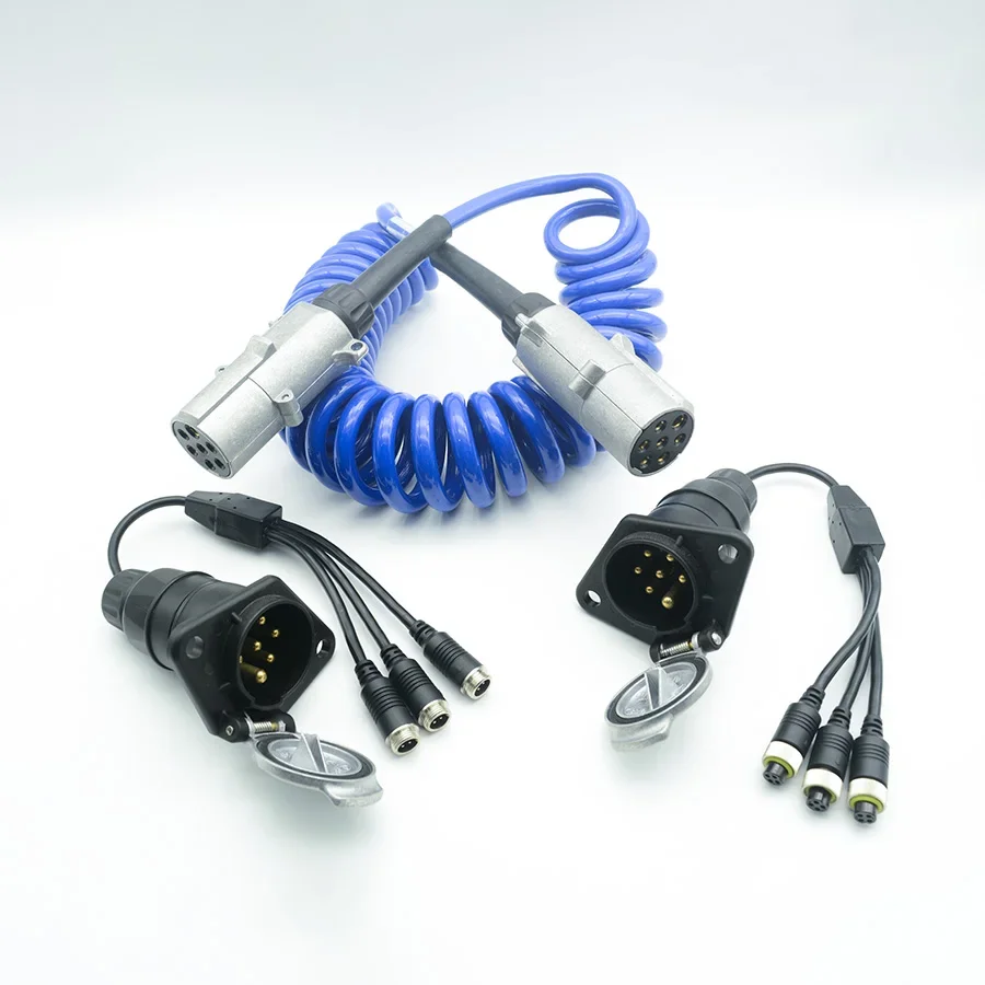 7-Pin Blue TPU Trailer Coil Cable Set 3-Channel Camera Display Connectivity Enhanced Visibility Durable Reliable Trailer Cable