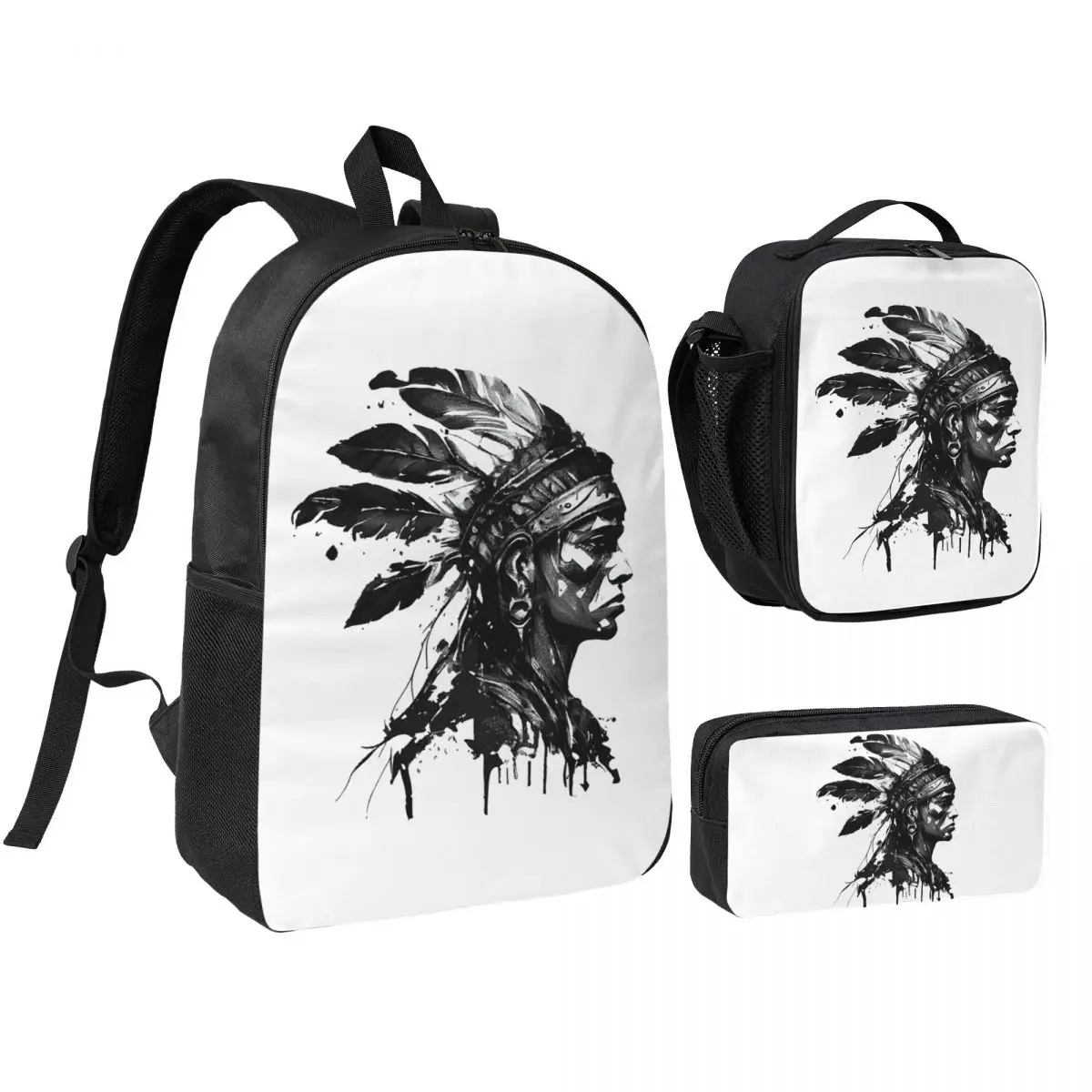 Drawn Style Aztec Warrior Backpack Boys Girls BookBag School Bag Shoulder Bags 3ps Insulated Lunch Bag Pencil Case