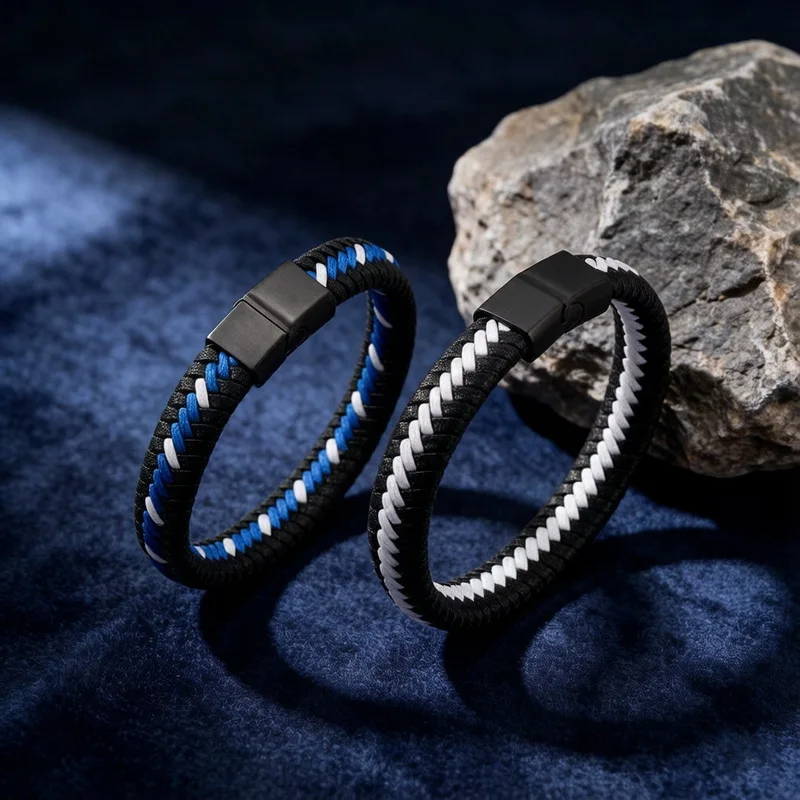 Braided Minimalism Leather Man Bracelet Stainless Steel Cuff Wrap Bracelet for Men With Magnetic Closure Jewelry-KB87374-BD