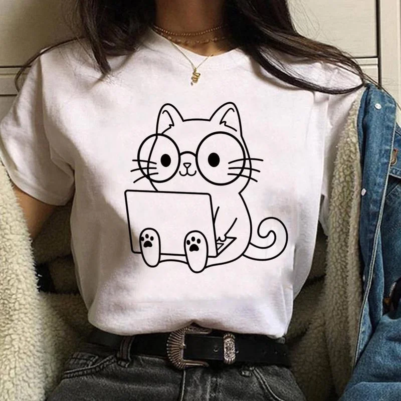 

Cute Cat Nerd Printed T-Shirt Women's Casual Fashion Cute Cat Pattern Personalized Creative Round Neck Short Sleeve Shirt