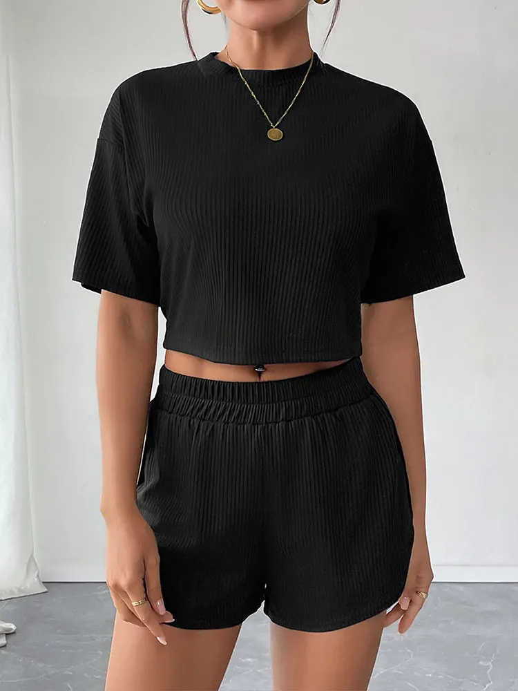 

Summer Women's T-shirt Shorts 2 Piece Sports Streetwear Fashion Short Sleeve O-Neck Tees Solid Sexy Split Shorts Sports Clothing