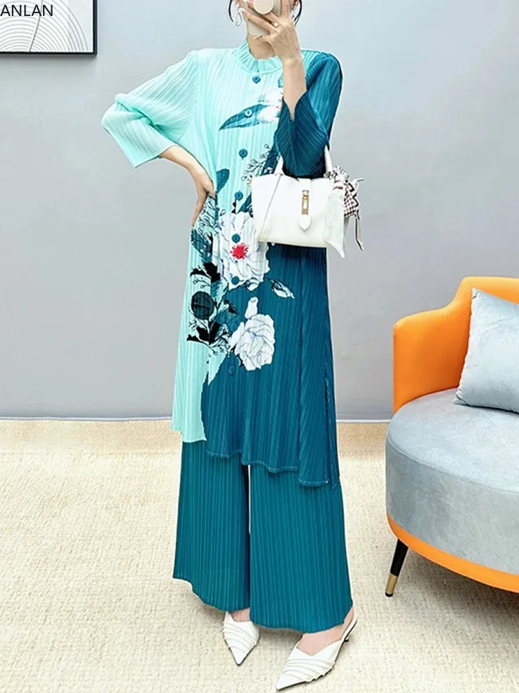 ANLAN 2024 Summer New Floral Print Two Piece Set Women Mid Length Single Breasted Tops Wide Leg Trousers Casual Clothing 2AK1956