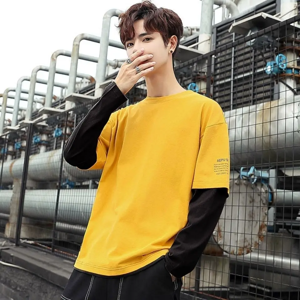 Men 100% Cotton Long Sleeve T Shirt 2026 Fall Loose Pullover Fake Two Piece Base Layer Top Autumn Winter