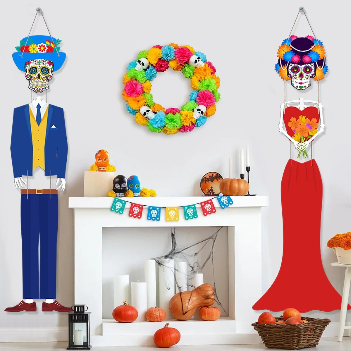 2024 Mexico Cross-Border Day of The Dead Party Courtyard Atmosphere Decoration  Curtain Ghost Groom Ghost Bride Flag Wholesale