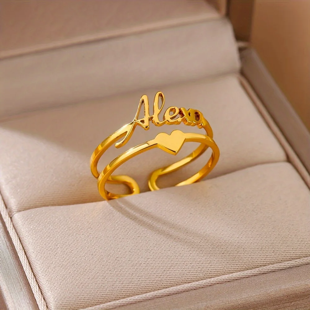 Custom Heart Name Rings for Women Gold Color Personalized Ring Waterproof Customized Letters Stainless Steel Jewelry anillos