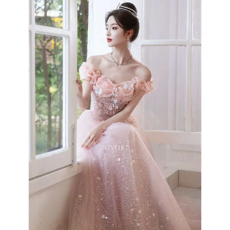 

Light Luxury Off Shoulder Pink Evening Dress Delicate Appliques Slim Waist Long Prom Dresses Women Elegant Formal Occasion Dress