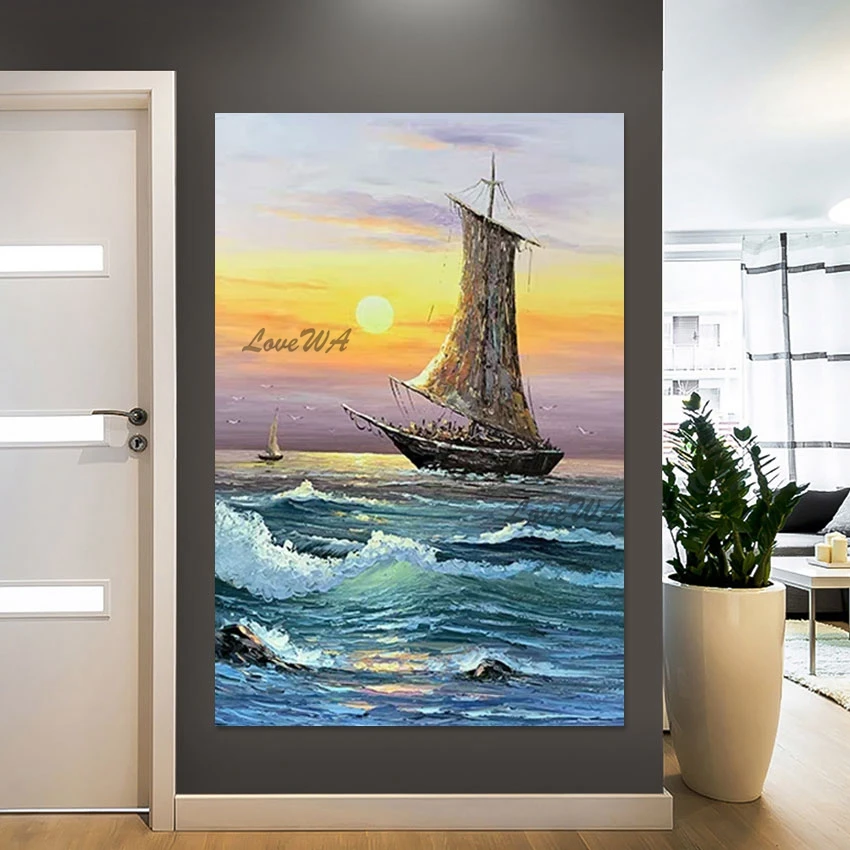 Sea Wave Oil Painting, Art Abstract Beautiful Landscape 3D Picture, No Framed, Sailboat Hand Drawing Wall, Canvas Roll Artwork