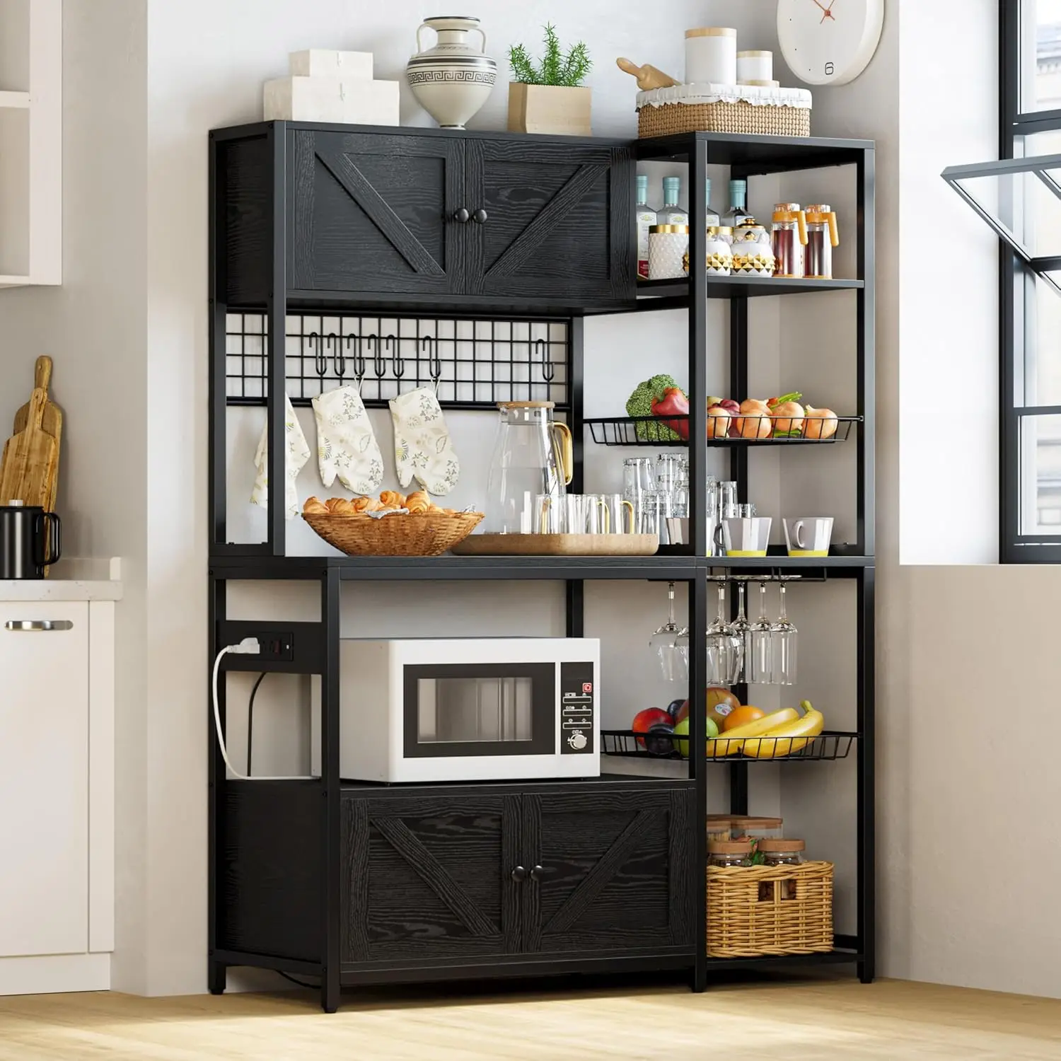 

Bakers Rack with 2 Storage Cabinets and Power Outlet, 45.3 Inch Industrial Coffee Bar Cabinet Shelves, Kitchen Microwave Stand w