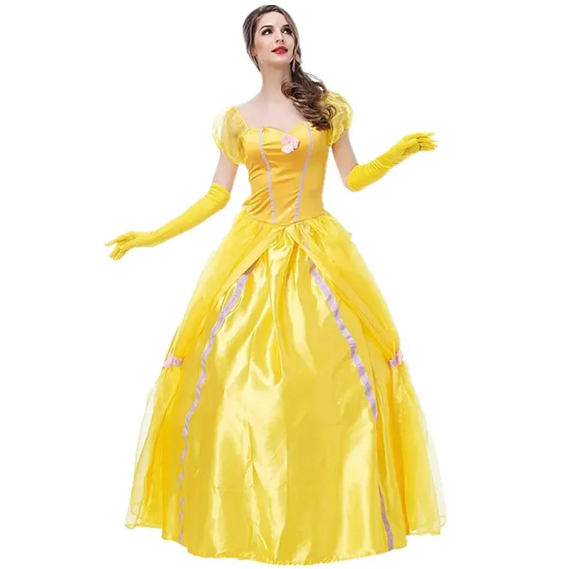 

Carnival Adult Yellow Beauty And The Beast Princess Belle Costume Halloween Cosplay Party Masquerade Bell Court Queen Roles Suit