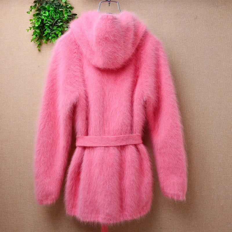 Ladies Women Spring Autumn Clothing Pink Hairy Plush Mink Cashmere Knitted Hooded Long Sleeves Slim Cardigans Jacket Sweater Top