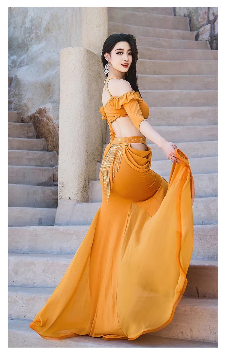 النساء الرقص الشرقي النمط الشرقي النساء مجموعة زي الفتيات التدريب الزي شيمي هامش الرسن براعم علوية ذيل السمكة التنانير الطويلة