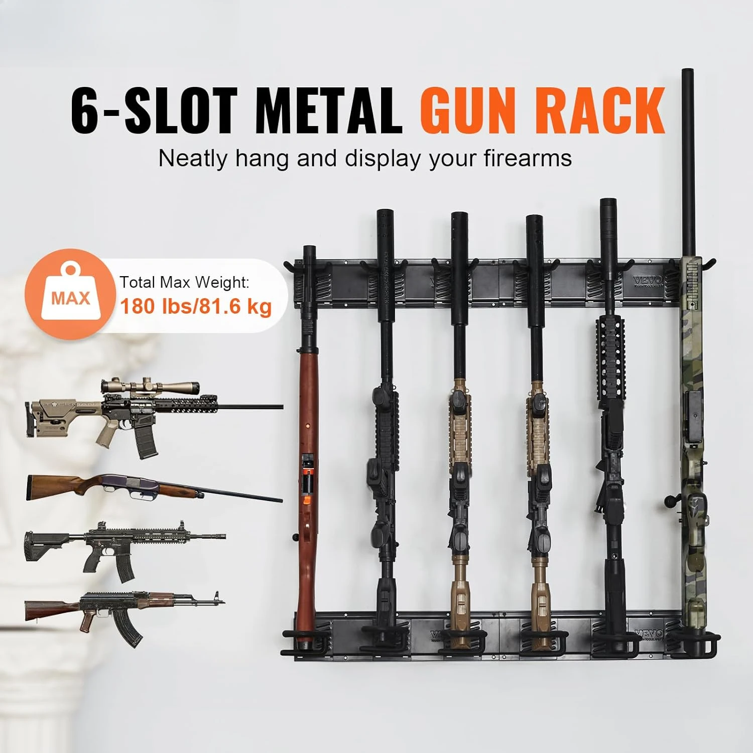 Gun Rack, Indoor Gun Rack Wall Mount, 6-Slot Vertical Rifle Shotgun Gun Rack, 180 lb Heavy Duty Metal Wall Gun