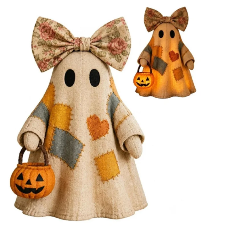 Lighted Vintage Patchwork Ghost Halloween Decor, LED Ghost Tabletop Figurine,Rustic Farmhouse Fall Mantel Centerpiece Decoration