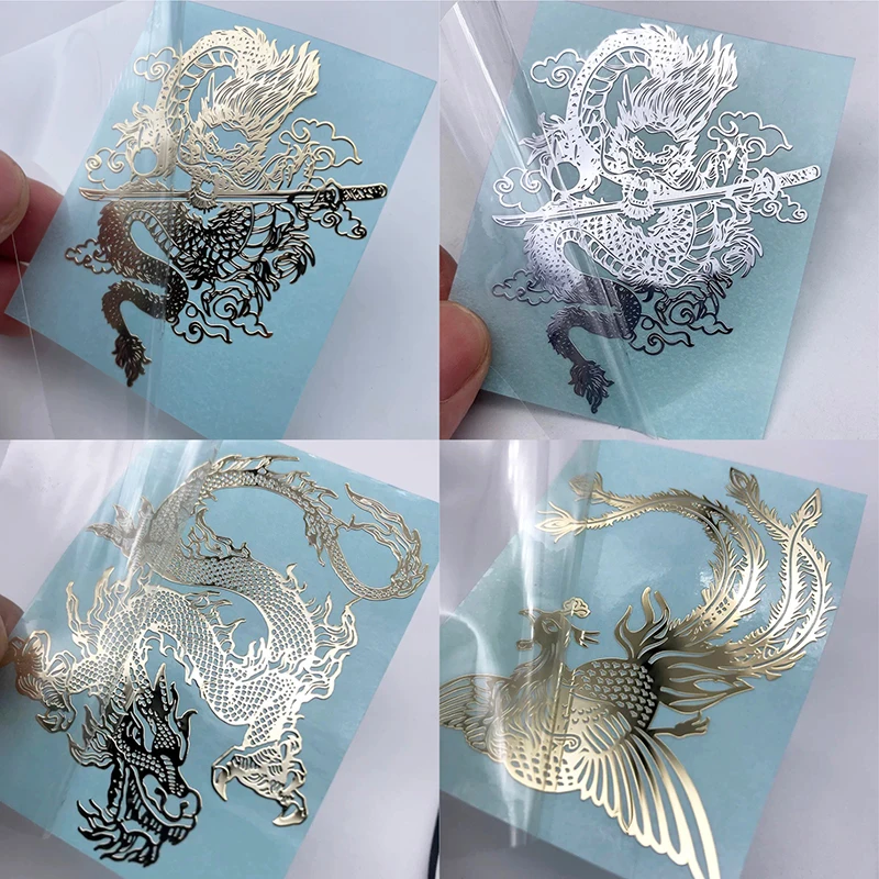 Autocollant en métal à motif de personnalité de dragon et de phénix, autocollant de transfert d'or et d'argent, décoration de téléphone portable, ordinateur, voiture