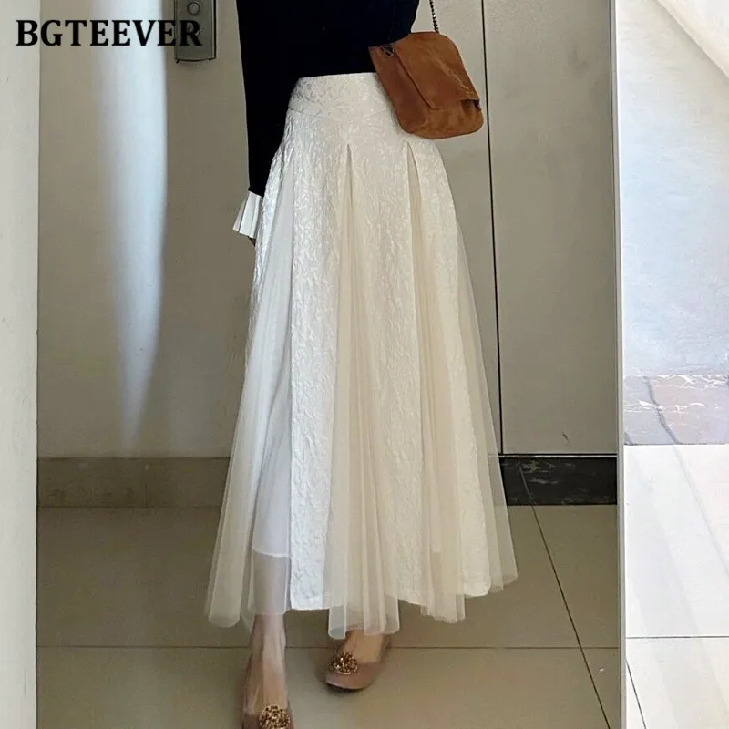 BGTEEVER Stylish High Waist Female Mid-Length Skirts Spring Summer Elegant Loose Jacquard Mesh A-line Skirts Women