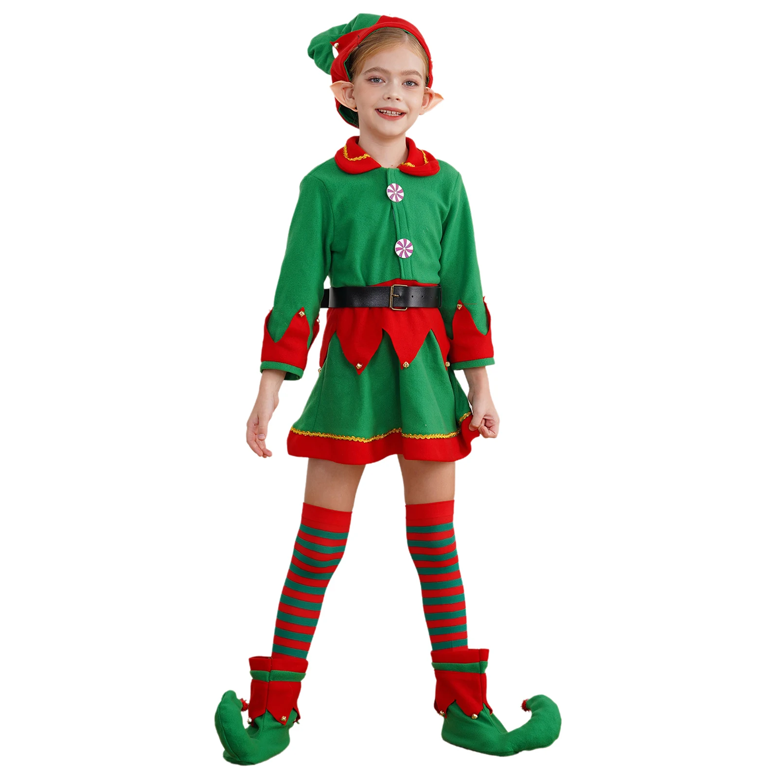 6Pcs Girls Christmas Elf Cosplay Outfit Santa Christmas Elf Costume Dress with Hat Elf Ears Belt Stockings And Shoes Covers Set