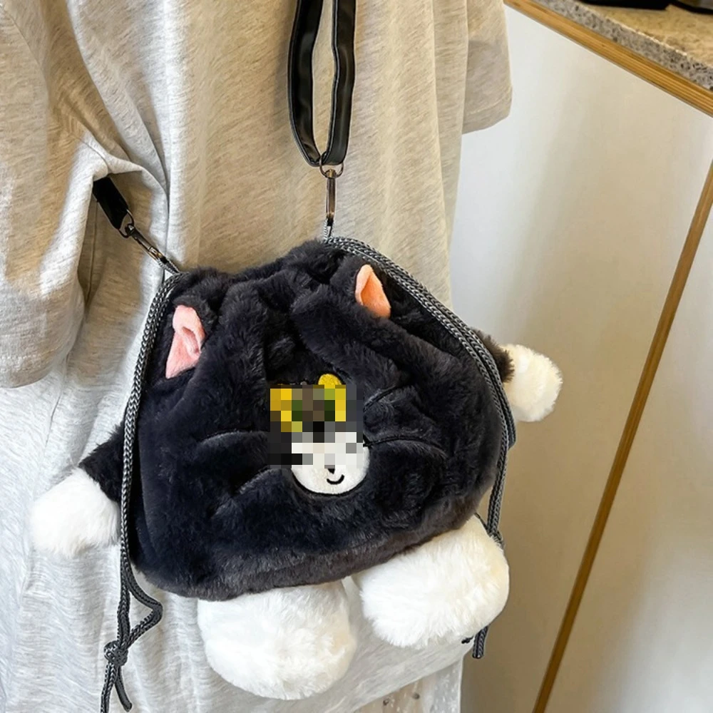 28 cm schattige kat pluche tas met trekkoord zachte kawaii harige schoudertas crossbody tas cartoon pluche portemonnee kleine draagtas cadeau voor vrouwen meisjes