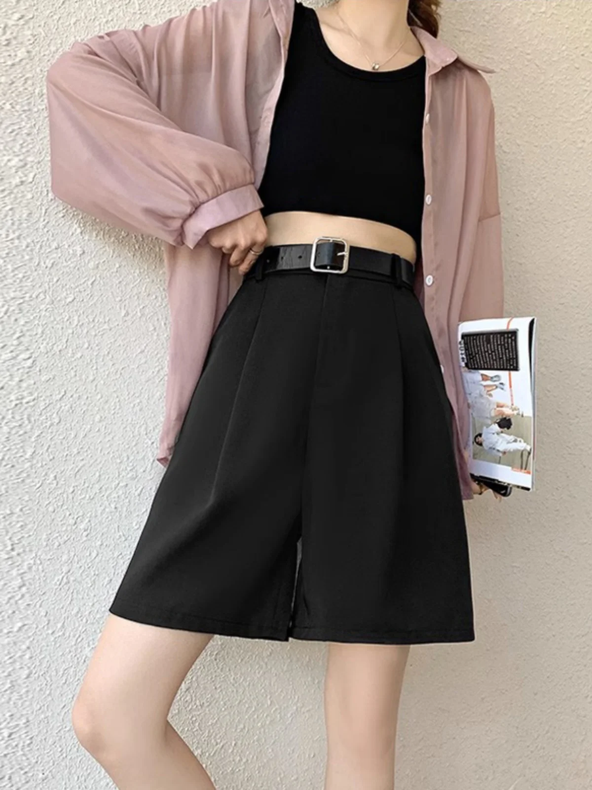 

High Waist ort Pants Women's Summer Casual Slim Fit Korean Sle Commute Five-Point Pants Thin Material Wide Leg Pants