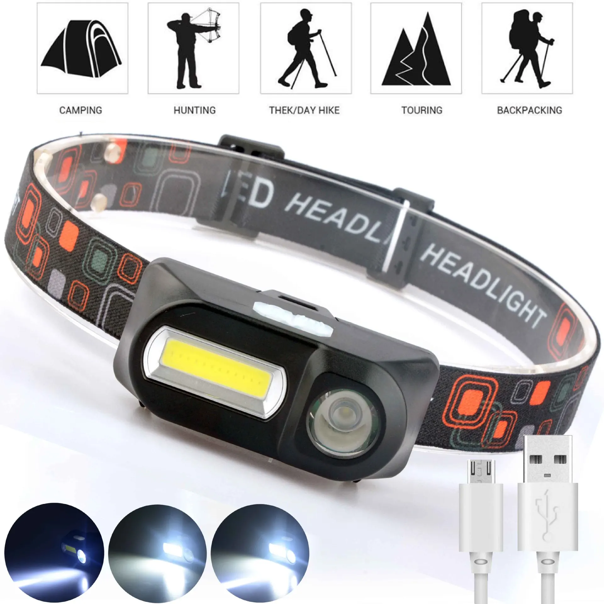 

Powerful LED+COB Headlamp USB Rechargeable Headlight Mini Head Flashlight 6 Modes Camping Fishing Torch Power By 18650 Battery