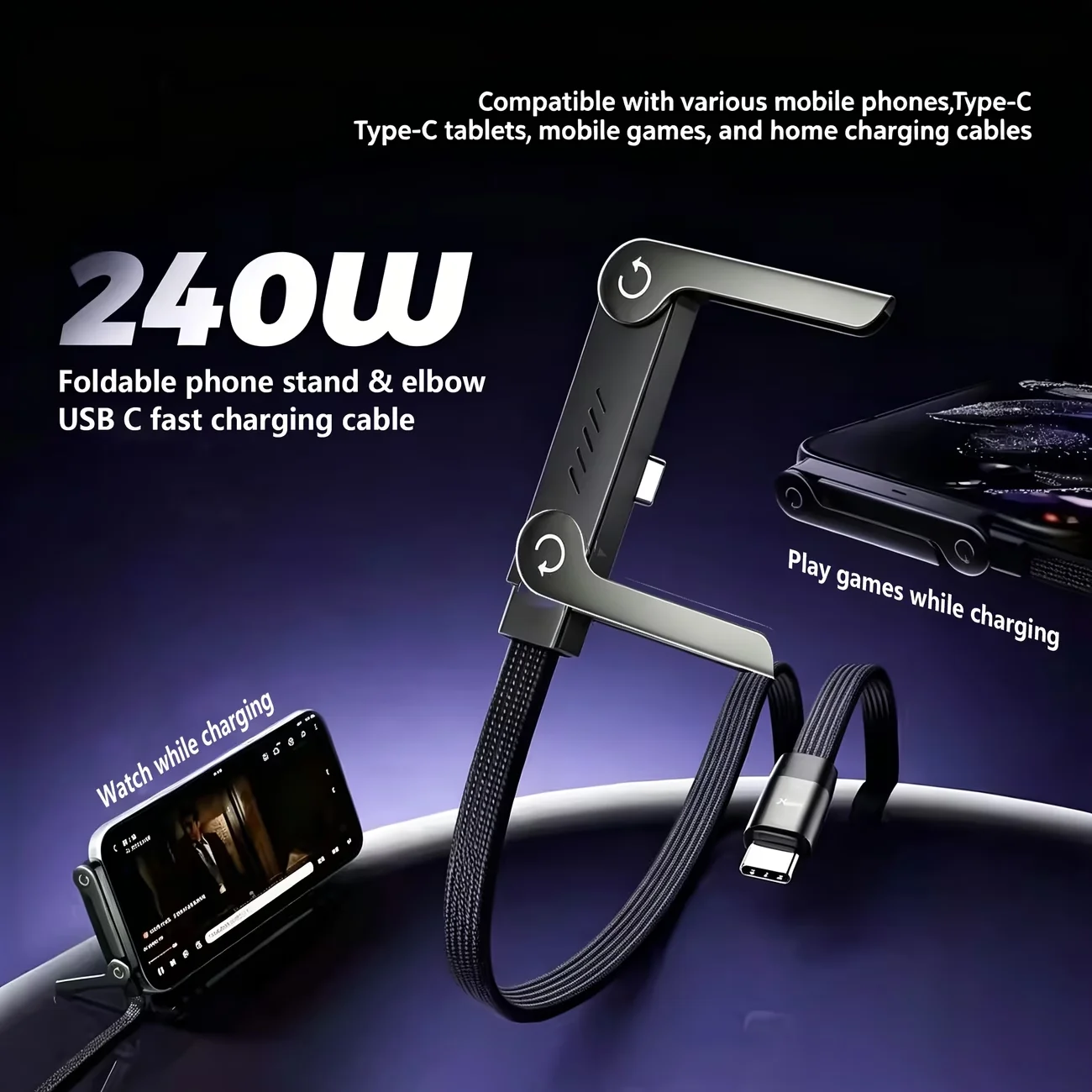240W Fast Charging Type-C to Type-C Cable with Foldable Stand, Type-C Connectors, High-Speed Data Sync & Charging for Mobile