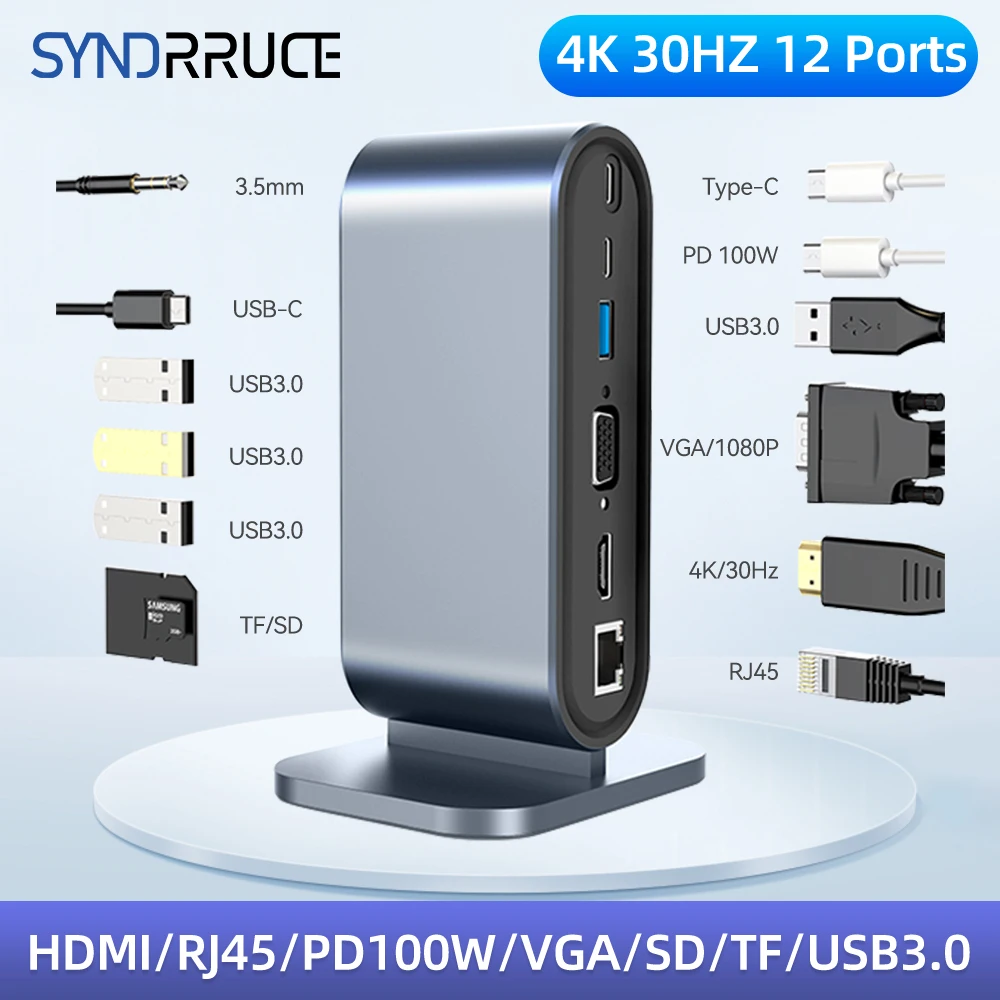 12 في 1 USB C نوع C HUB for MacBook Pro DELL Type-c Hub To PD RJ45 VGA HD 4k @ 30Hz USB 3.0 TF SD محول محطة الإرساء