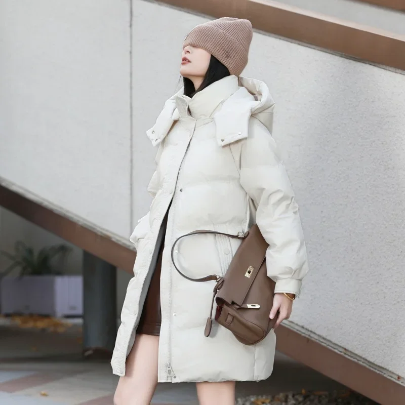 New Women\'s Winter Coats 90%White Duck Down Warm Mid-length Down Jacket Loose Fashion Hooded Collar Puffer Jacket Thickened Coat