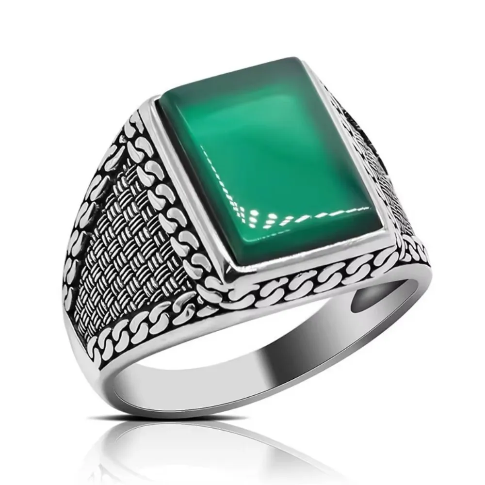 

Genuine 925 Sterling Silver Ring Natural Rectangle Green Agate Stone Handmade Vintage Turkish Silver Men Ring