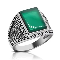 Genuine 925 Sterling Silver Ring Natural Rectangle Green Agate Stone Handmade Vintage Turkish Silver Men Ring