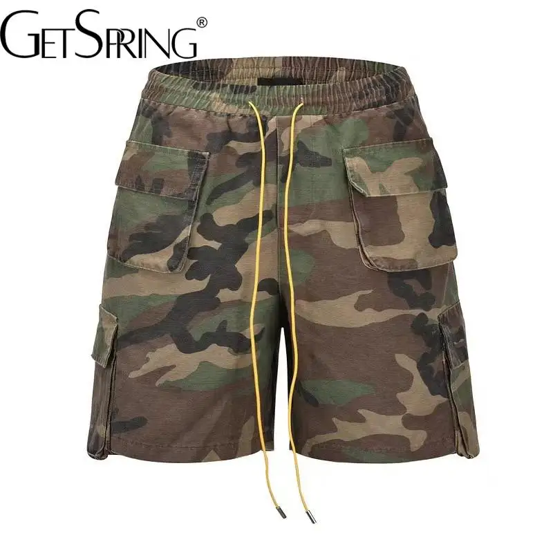 

GetSpring Women Denim Shorts 2024 Spring Summer Camouflage Multi Pockets Drawstring High Waist Jean Shorts All Match Fashion New