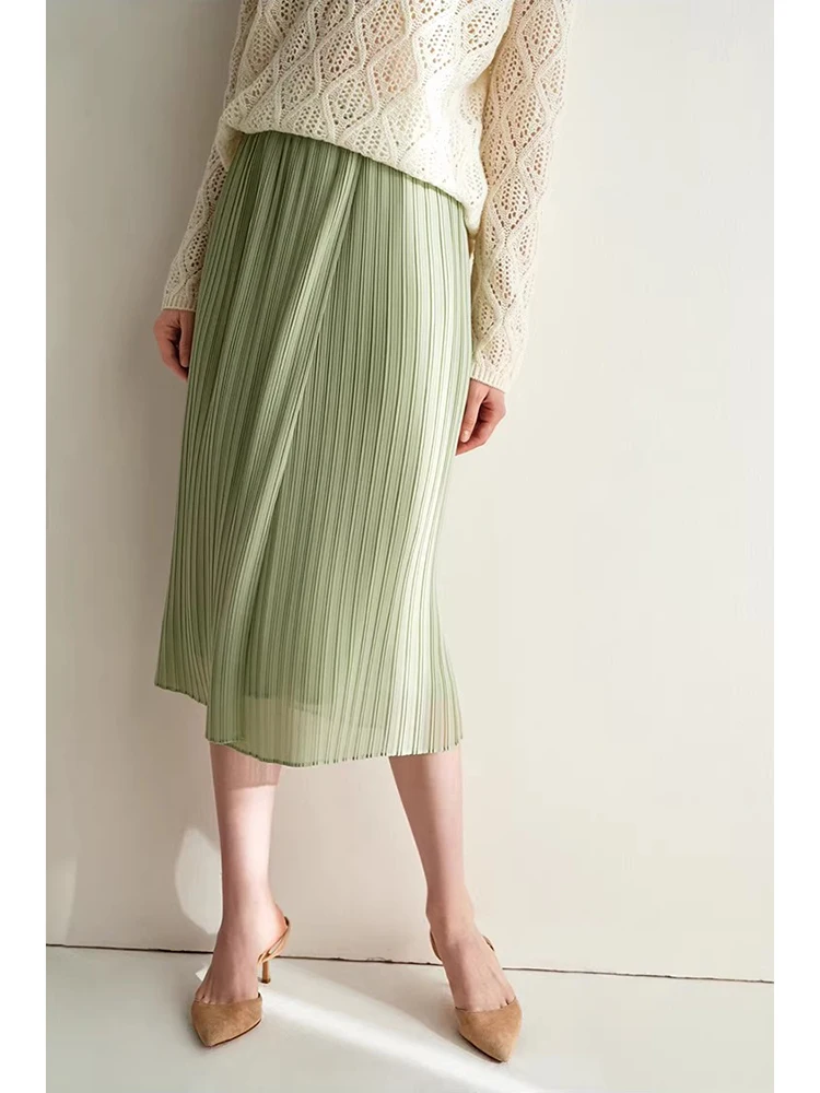 

Элегантная модная юбка-миди из шелка с высокой талией, плиссированная, приталенная, А-силуэт, для офиса и повседневной носки