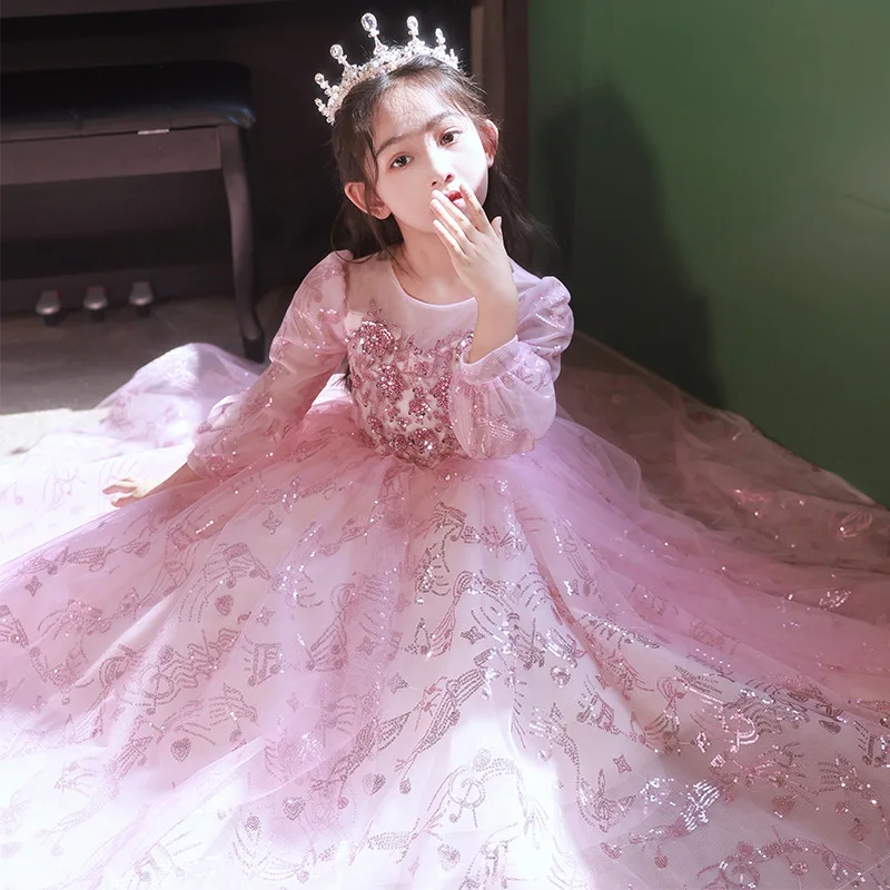 High-end Sequins Girls Dress Princess Tulle Dress Kids Dresses for Party Wedding Teen Beauty Pageant Prom Ball Girls Dress