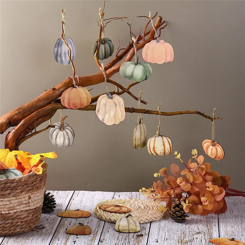 36Pcs Fall Wooden Pumpkin Hanging Ornaments Thanksgiving Harvest Small Hanging Signs Halloween Pumpkin Decorations