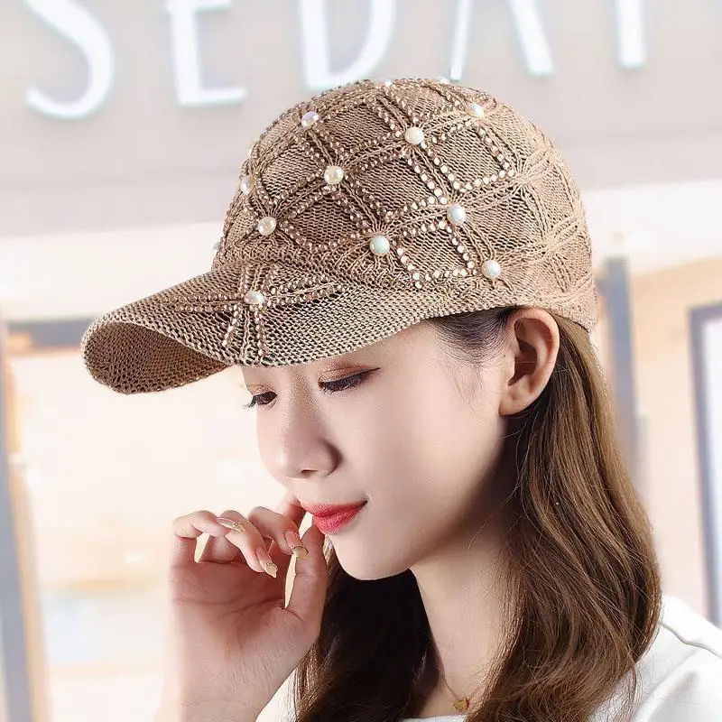 Summer Women's Mesh Ventilate Baseball Cap Breathable Knit Hat Fashion Pearl Rhinestone Check Pattern Visors Adjustable Sun Hat