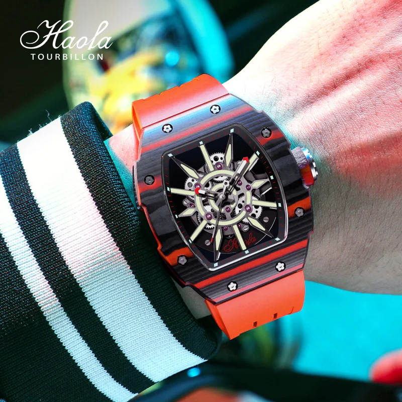 Haofa Automatic Skeleton Mechanical Watch For Men Super Luminous Sapphire Self-wind Movement Mens Watch Carbon Fiber Bezel  1905