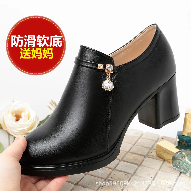 Autumn Women Fashion Anti-slip Platform Pumps Shoes Round Toe Zipper Mid Heels Comfort Soft Bottom Pu Leather Shoes