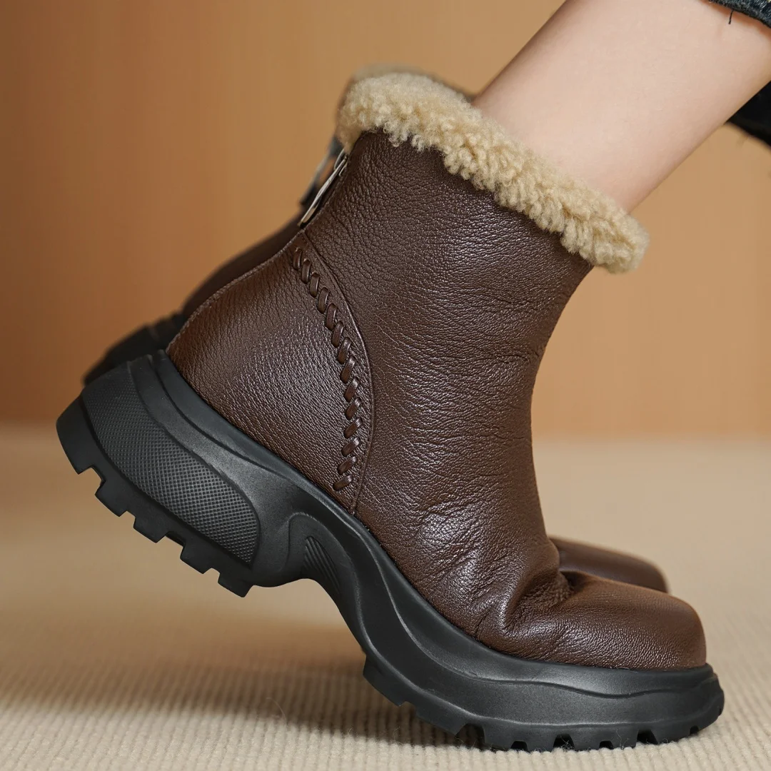 

Women's sheepskin wool patchwork round toe side zip warm plush inside winter ankle snow boots thick sole platform flats booties