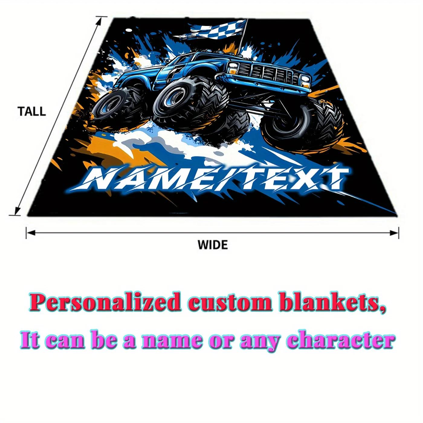 Personalized cool truck flannel blanket with soft and lightweight parabolic shape, featuring a vibrant blue monster truck design