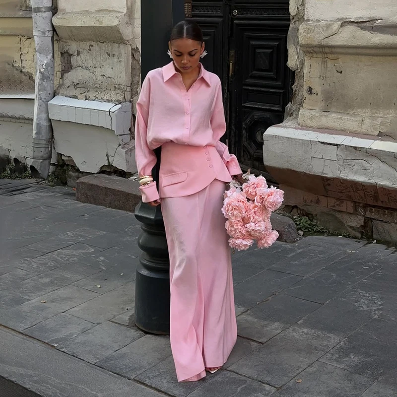 

Стильный женский элегантный комплект из 3 предметов, женская рубашка с длинными рукавами и юбки, костюмы, осень 2024, розовый, черный, на пуговицах, вечерние наряды