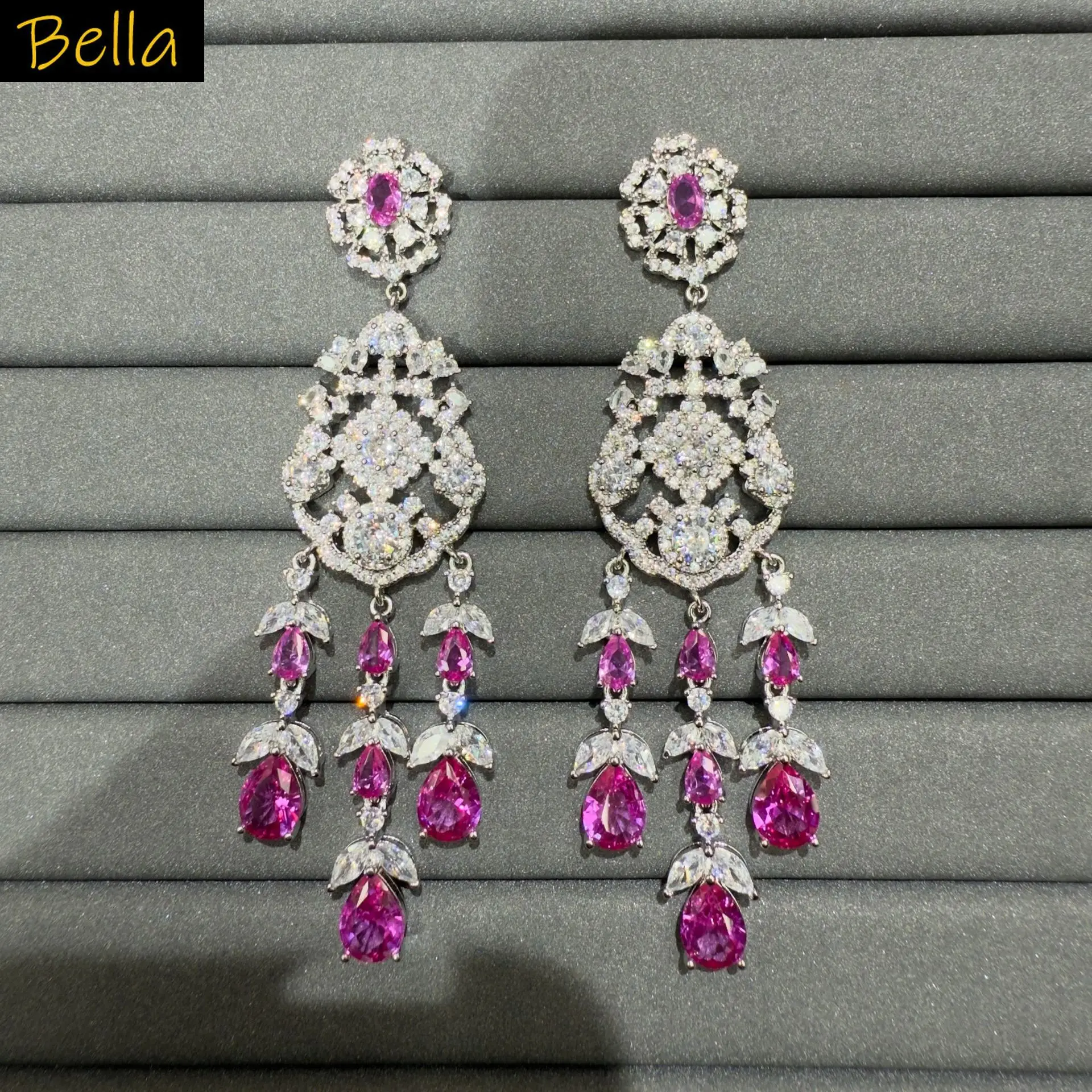 luxury cubic zirconia earrings for women long jewelry gala event party flower teardrop dangling earrings fushia black blue green