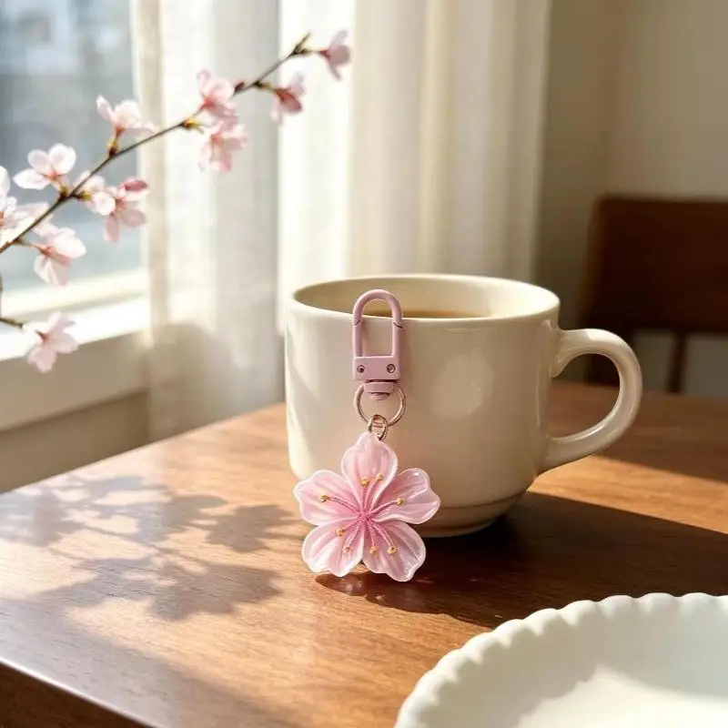 Simulated Key Chain Cherry Blossom Pendant Keyring Romantic Translucent Flower Cherry Blossom Keychain Pendant