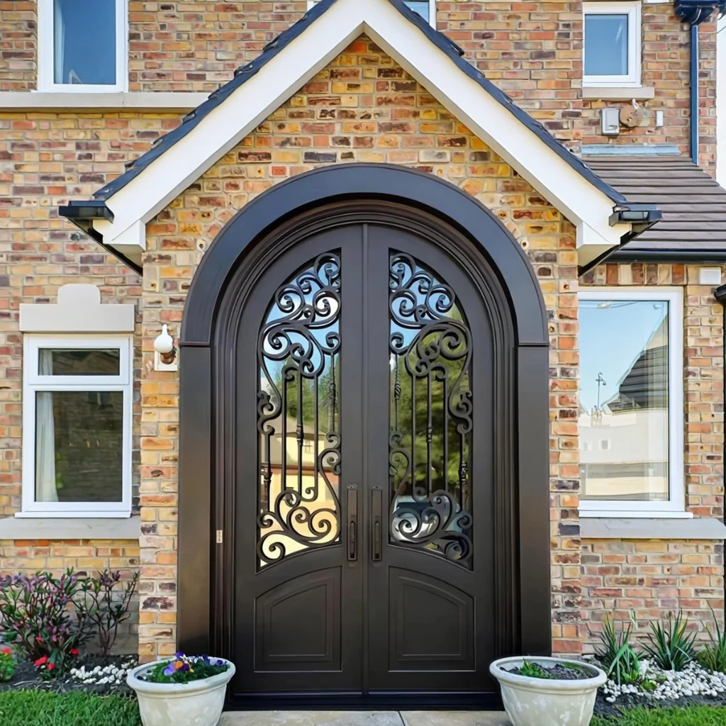 Modern Exterior Metal Double Door Design Luxury French Black Wrought Iron Windproof Anti-theft Waterproof Villa Apartment Hall