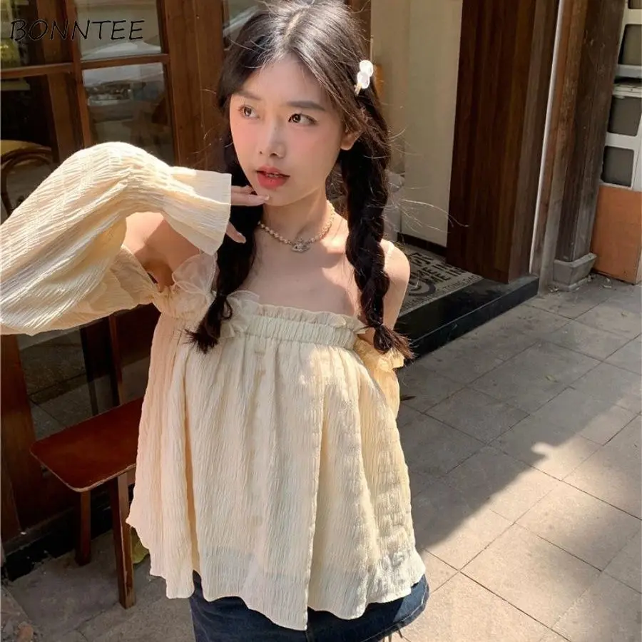 Long Sleeve Shirts Women Spring Summer Bow Folds Off Shoulder Design Stylish Girls Simple Korean Style Slash Neck Creativity