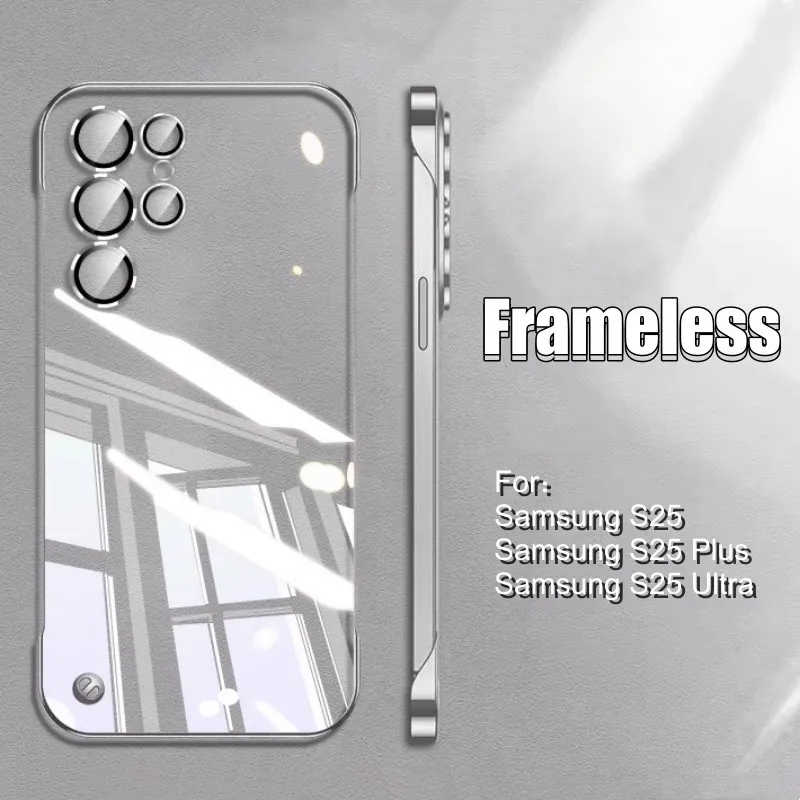 Transparent Slim Frameless Plating Clear Case For Samsung Galaxy S25 S24 Plus S23 S22 Ultra Hard PC Cover With Glass Lens Film