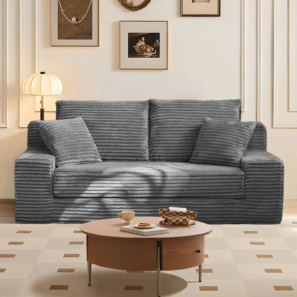 Loveseat Sofa, 2 Seater Flannel Fabric Loveseat Couches, Comfy Upholstered Modern Leisure Love Seat Couch with 2 Pillow, Convert