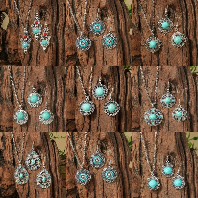 Bohemian Ethnic Vintage Earrins and Necklace Set Simple Charm Women Geometry Round Turquoise Pendant Jewelry Set Bijoux Femme